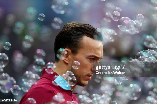Mark Noble of West Ham United walks out for the Premier League match between West Ham United and West Bromwich Albion at London Stadium on February...