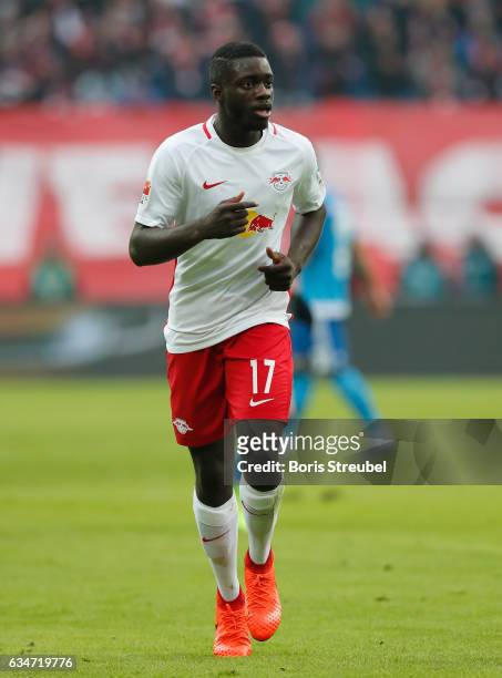 Dayot Upamecano of RB Leipzig looks on during the Bundesliga match between RB Leipzig and Hamburger SV at Red Bull Arena on February 11, 2017 in...