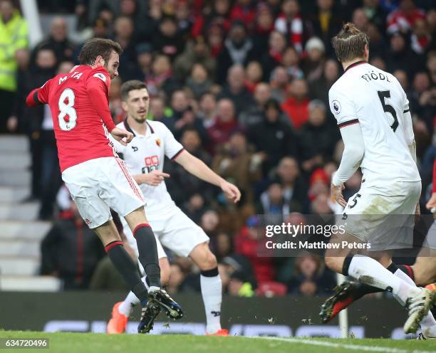 Juan Mata of Manchester United scores their first goal during the Premier League match between Manchester United and Watford at Old Trafford on...