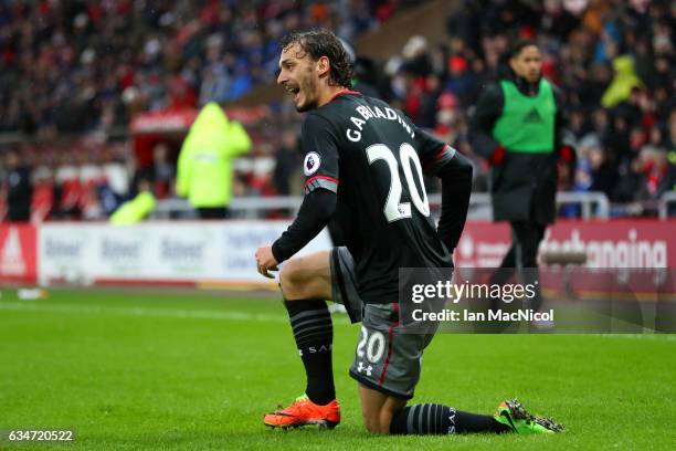 Manolo Gabbiadini of Southampton celebrates scoring the opening goal during the Premier League match between Sunderland and Southampton at Stadium of...