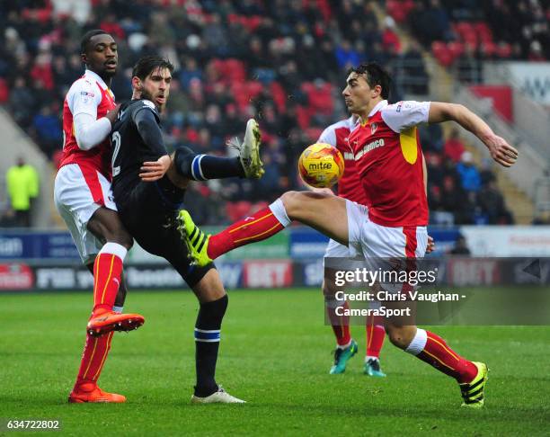 Blackburn Rovers' Danny Graham vies for possession with Rotherham United's Semi Ajayi, left, and Rotherham United's Stephen Kelly during the Sky Bet...