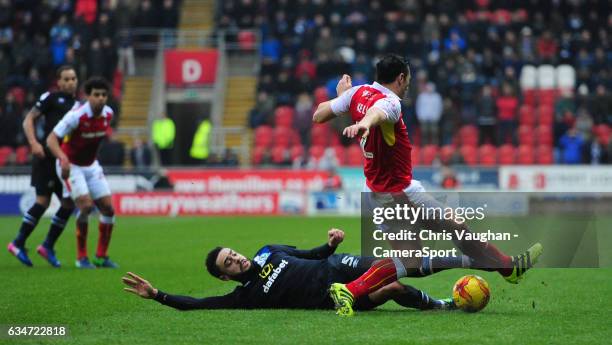 Rotherham United's Stephen Kelly is tackled by Blackburn Rovers' Derrick Williams during the Sky Bet Championship match between Rotherham United and...