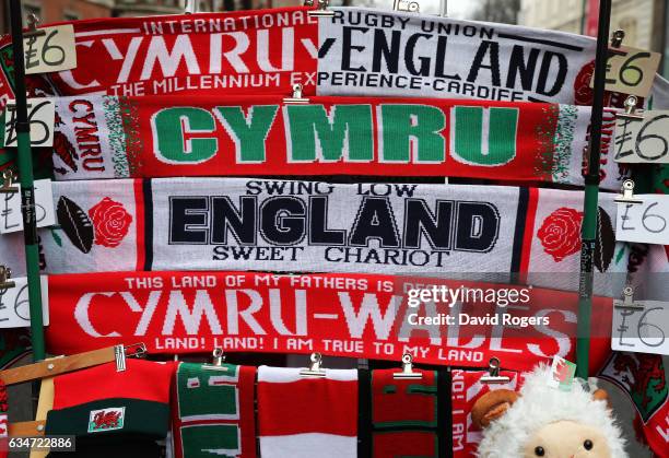 Merchandise goes on sale prior to kickoff during the RBS Six Nations match between Wales and England at the Principality Stadium on February 11, 2017...