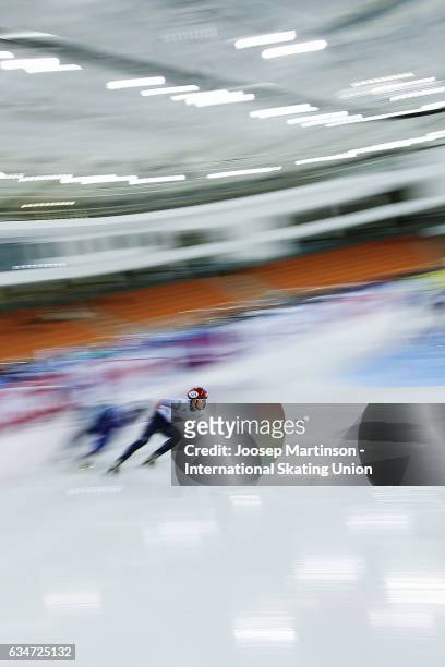 Team Korea lead the pack in the Men's 5000m relay semi final during day one of the ISU World Cup Short Track at Minsk Arena on February 11, 2017 in...