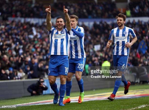 Tomer Hemed of Brighton & Hove Albion celebrates scoring the opening goal during the Sky Bet Championship match between Brighton & Hove Albion and...