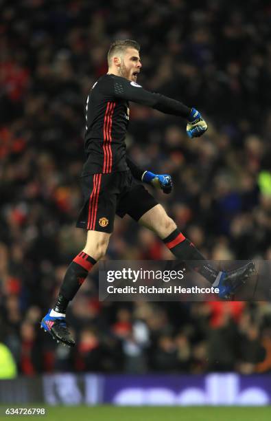 David De Gea of Manchester United celebrates his side's second goal during the Premier League match between Manchester United and Watford at Old...