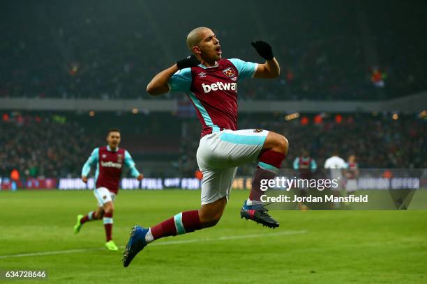 Sofiane Feghouli of West Ham United celebrates his side's first goal to make it 1-1 during the Premier League match between West Ham United and West...