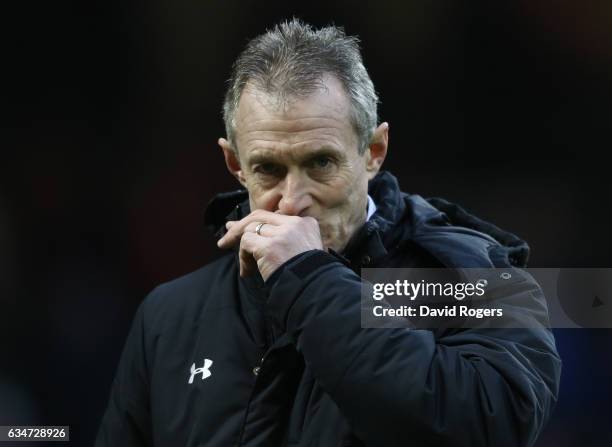 Rob Howley the interim head coach of Wales looks on as his team warm up prior to kickoff during the RBS Six Nations match between Wales and England...