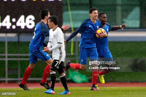 Tom Rapnouil and Brad Eneme Ella Ulrick of France U16 celebrate the first goal during the UEFA Development Tournament Match between Germany U16 and...