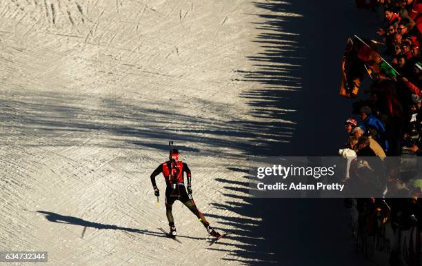 Benedikt Doll of Germany on his way to the gold medal in the men's 10km sprint competition of the IBU World Championships Biathlon 2017 at the...