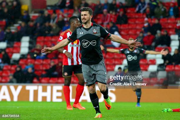 Shane Long of Southampton celebrates scoring his side's fourth goal during the Premier League match between Sunderland and Southampton at Stadium of...