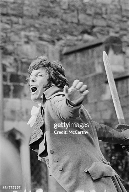 American actor Richard Chamberlain filming the Hallmark Hall of Fame production of Shakespeare's 'Hamlet' at Raby Castle in County Durham, UK, 20th...