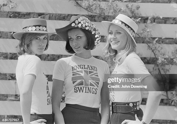Hats for female football fans - the models are Stacey Maisoneuve, Selina Freidman and Uschi Bremen, UK, 13th May 1970.