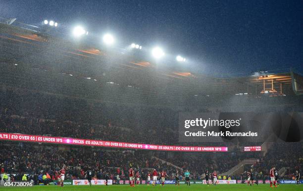 Heavy rain falls at the final whistle during the Premier League match between Middlesbrough and Everton at Riverside Stadium on February 11, 2017 in...