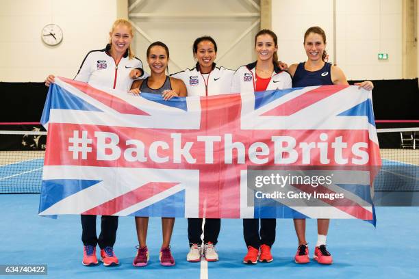 Jocelyn Rae, Heather Watson, captain Anne Keothavong, Laura Robson and Johanna Konta of Great Britain celebrate after the Fed Cup Europe/Africa Group...