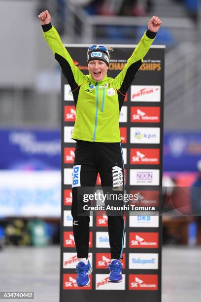 Claudia Pechstein of Germany celebrates on the podium during the ISU World Single Distances Speed Skating Championships - Gangneung - Test Event For...