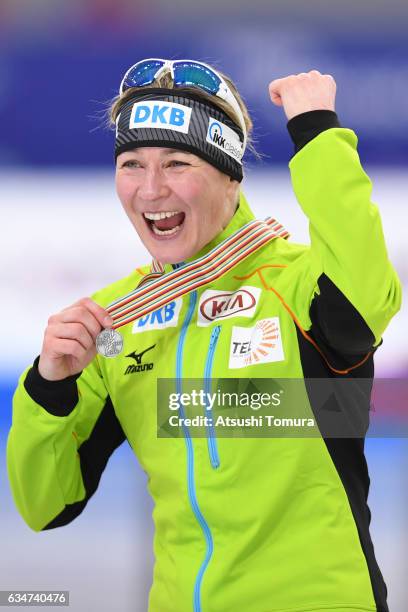 Claudia Pechstein of Germany celebrates with her medal during the ISU World Single Distances Speed Skating Championships - Gangneung - Test Event For...