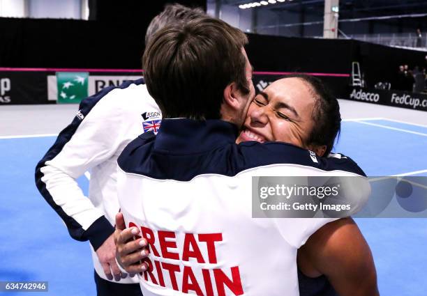 Heather Watson of Great Britain celebrates after the Fed Cup Europe/Africa Group 1, Promotional Playoff Semi-Final match against Croatia at the...