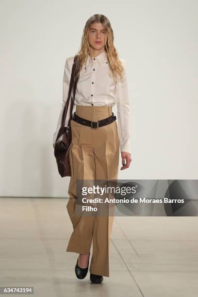 Model walks the runway at Creatures of the Wind show during New York Fashion Week at Gallery 2, Skylight Clarkson Sq on February 11, 2017 in New York...