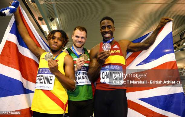 Medal ceremony for the Men's 60m Final Silver medal Theo Etienne, Gold medal Andrew Robertson and Bronze medal Dwain Chambers during the British...