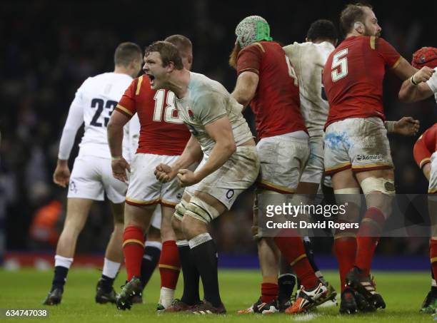 Joe Launchbury of England celebrates during the RBS Six Nations match between Wales and England at the Principality Stadium on February 11, 2017 in...