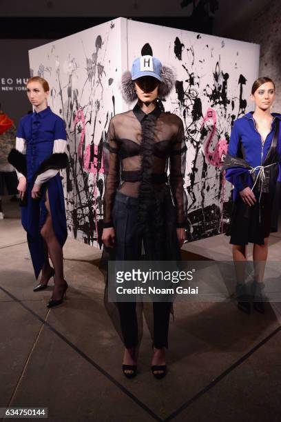 Models pose for the Romeo Hunte collection presentation during, New York Fashion Week: The Shows on February 11, 2017 in New York City.