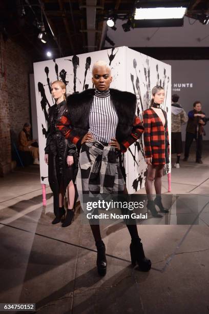 Models pose for the Romeo Hunte collection presentation during, New York Fashion Week: The Shows on February 11, 2017 in New York City.