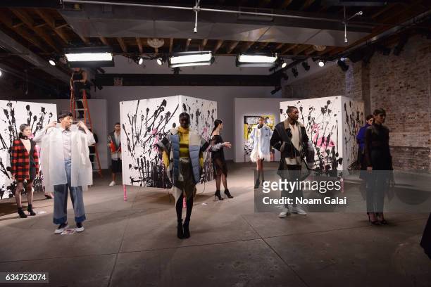 Models pose for the Romeo Hunte collection presentation during, New York Fashion Week: The Shows on February 11, 2017 in New York City.