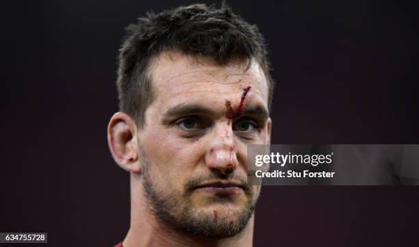 Bloodied Sam Warburton of Wales reacts after the RBS Six Nations match between Wales and England at Principality Stadium on February 11, 2017 in...