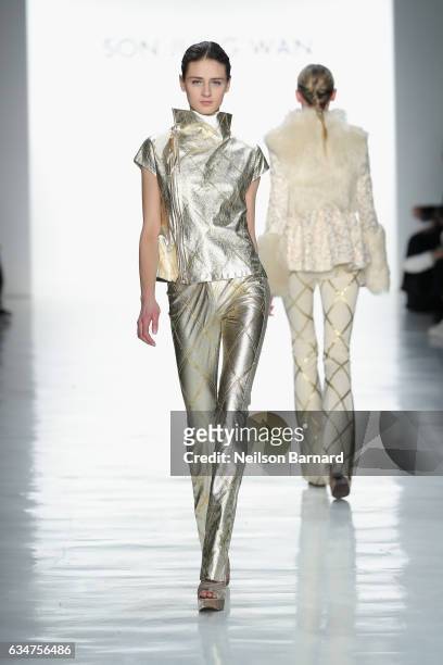 Model walks the runway for the Son Jung Wan collection during, New York Fashion Week: The Shows at Gallery 3, Skylight Clarkson Sq on February 11,...