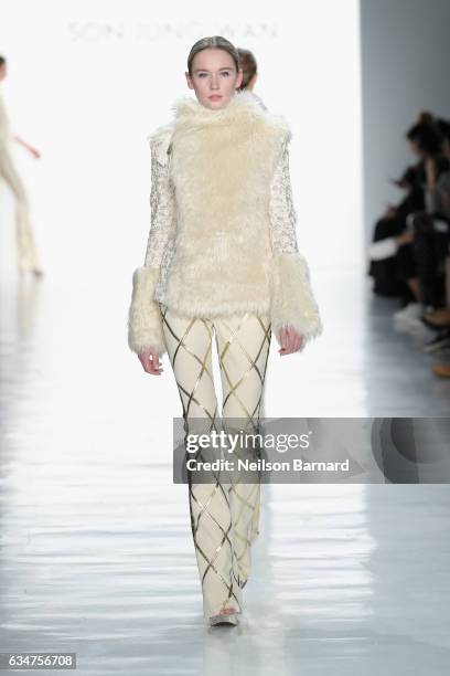 Model walks the runway for the Son Jung Wan collection during, New York Fashion Week: The Shows at Gallery 3, Skylight Clarkson Sq on February 11,...