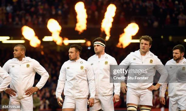 England players line up before the RBS Six Nations match between Wales and England at Principality Stadium on February 11, 2017 in Cardiff, Wales.