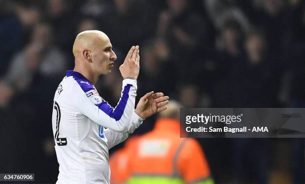 Jonjo Shelvey of Newcastle United blows a kiss towards the fans of Wolverhampton Wanderers at full time of the Sky Bet Championship match between...