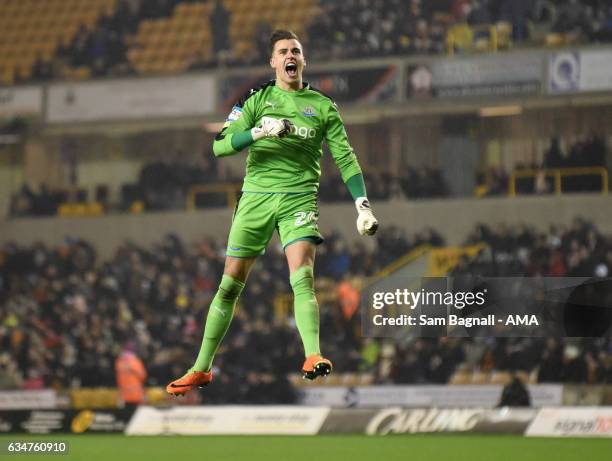 Newcastle United goalkeeper Karl Darlow celebrates during the Sky Bet Championship match between Wolverhampton Wanderers and Newcastle United at...