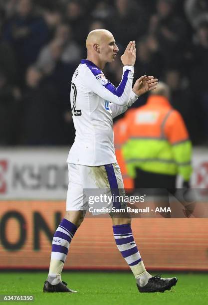 Jonjo Shelvey of Newcastle United blows a kiss towards the fans of Wolverhampton Wanderers at full time of the Sky Bet Championship match between...