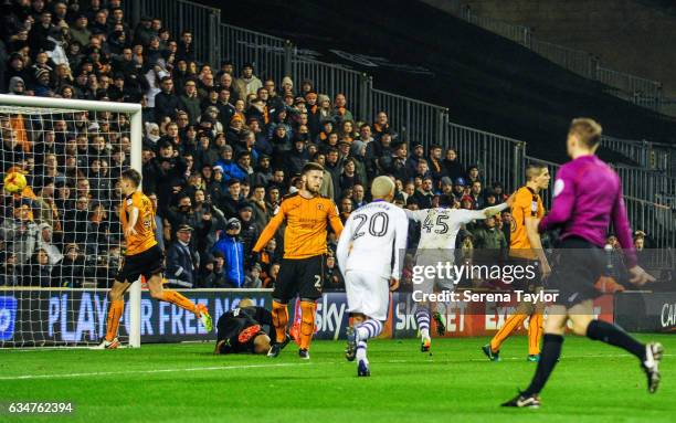 Aleksandar Mitrovic of Newcastle United celebrates after scoring the opening goal during the Sky Bet Championship match between Wolverhampton...
