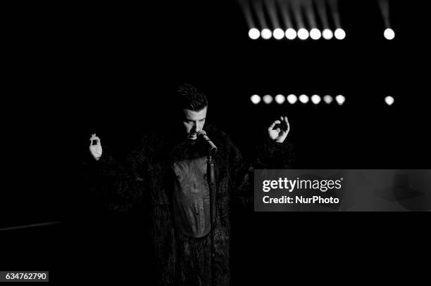 Image has been converted to black and white.) Francesco Gabbani attends the fourth night of the 67th Sanremo Festival 2017 at Teatro Ariston on...