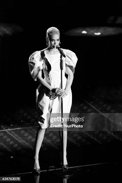 Image has been converted to black and white.) Elodie attends the fourth night of the 67th Sanremo Festival 2017 at Teatro Ariston on February 10,...