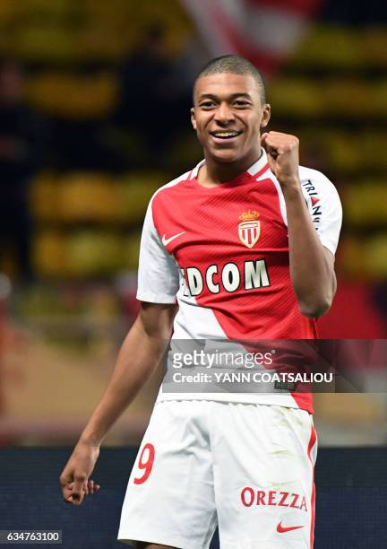 Monaco's French forward Kylian Mbappe Lottin celebrates after scoring a goal during the French Ligue 1 football match between AS Monaco and Metz at...