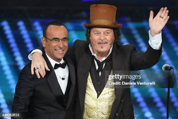 Carlo Conti and Zucchero attend the closing night of 67th Sanremo Festival 2017 at Teatro Ariston on February 11, 2017 in Sanremo, Italy.