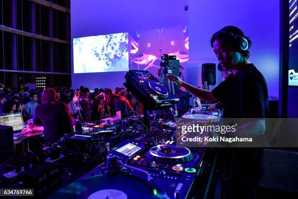 Musician Ken Ishii performs during UNSOUND INTERACTIVE LIVE at Roppongi Hills MAT LAB Mori Tower 52F, TOKYO CITY VIEW on February 11, 2017 in Tokyo,...