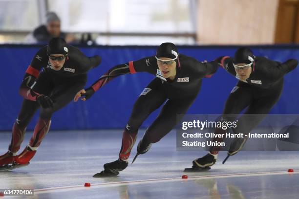 Paul Galczinsky,Jeremias Marx and Lukas Mann of Germany competes in the Team Pursuit Men Jun race during the ISU Junior World Cup Speed Skating Day 1...