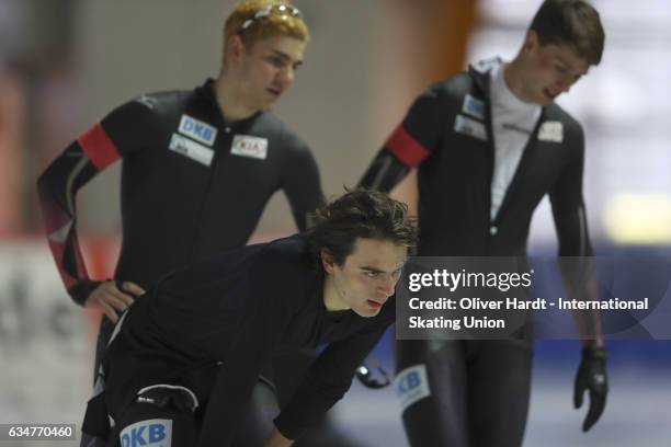 Paul Galczinsky,Jeremias Marx and Lukas Mann of Germany competes in the Team Pursuit Men Jun race during the ISU Junior World Cup Speed Skating Day 1...