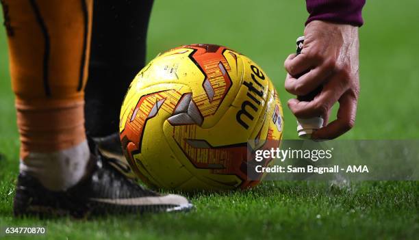 Vanishing spray is used next to a mitre winter match ball during the Sky Bet Championship match between Wolverhampton Wanderers and Newcastle United...