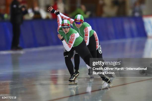 Hanna Nifantava, Polina Polukarova and Anna Kovaleva of Bulgaria competes in the Team Pursuit Ladies Jun race during the ISU Junior World Cup Speed...