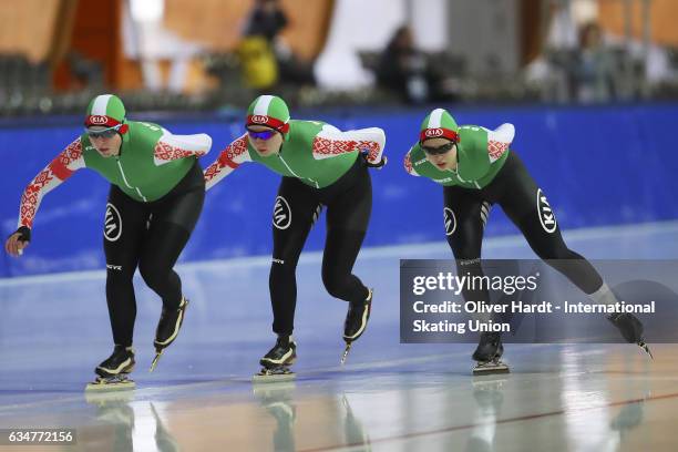 Hanna Nifantava, Polina Polukarova and Anna Kovaleva of Bulgaria competes in the Team Pursuit Ladies Jun race during the ISU Junior World Cup Speed...