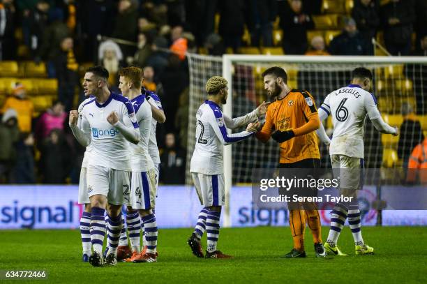 Newcastle players celebrates to fans after Newcastle win the Sky Bet Championship match between Wolverhampton Wanderers and Newcastle United at...