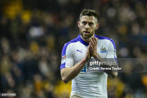 Daryl Murphy of Newcastle United claps the fans after Newcastle win the Sky Bet Championship match between Wolverhampton Wanderers and Newcastle...