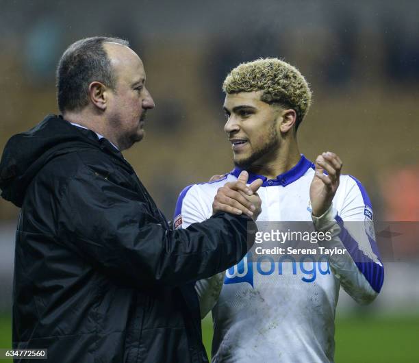 Newcastle United's Manager Rafael Benitez shakes hands with DeAndre Yedlin during the Sky Bet Championship mpatch between Wolverhampton Wanderers and...