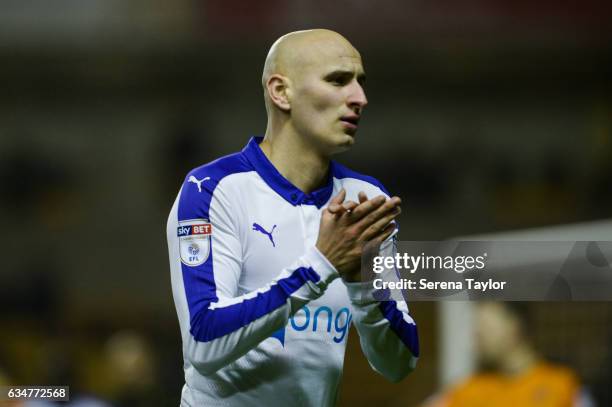 Jonjo Shelvey of Newcastle United claps the fans after Newcastle win the Sky Bet Championship match between Wolverhampton Wanderers and Newcastle...